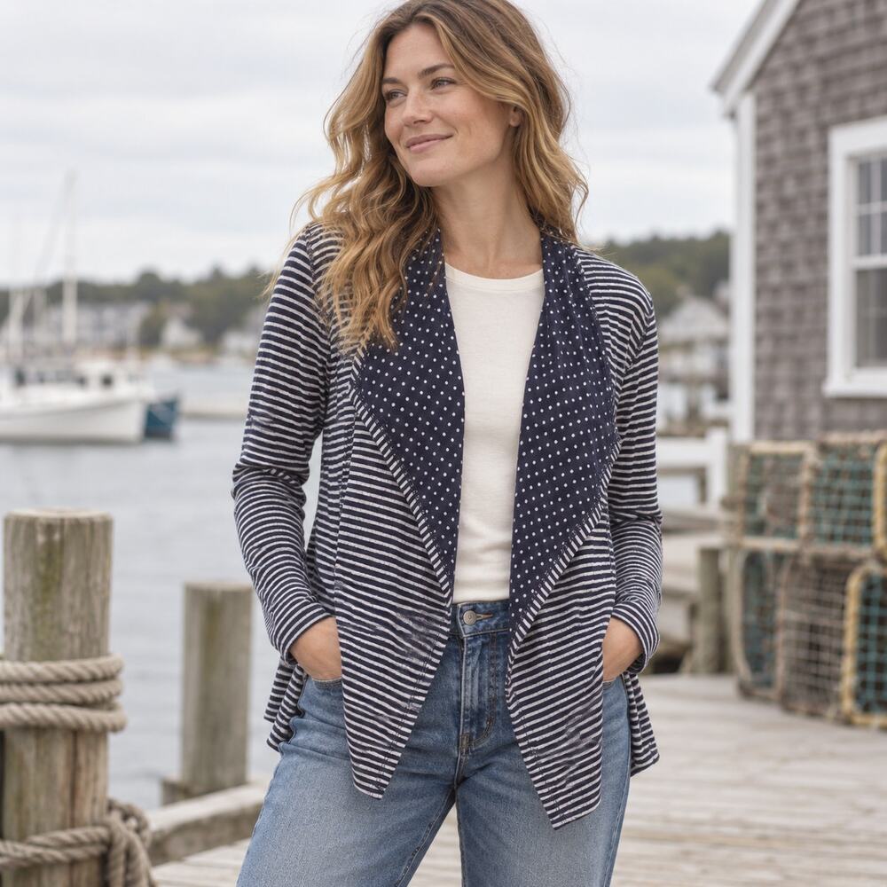 Market & Spruce Stripe Polka Dot Womens Cardigan Sz M Fisherman Coastal Preppy